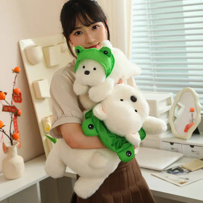 Cute White Maltese Plush Toy with Fun Frog Hat