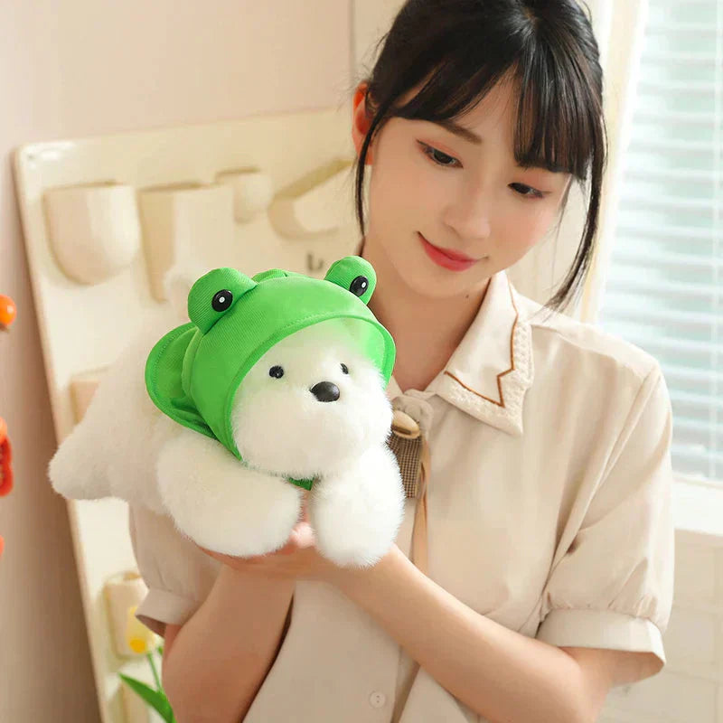 Cute White Maltese Plush Toy with Fun Frog Hat