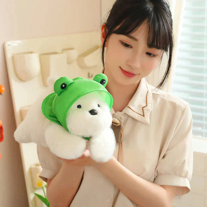 Cute White Maltese Plush Toy with Fun Frog Hat