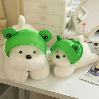 Cute White Maltese Plush Toy with Fun Frog Hat