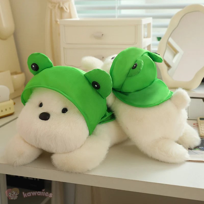 Cute White Maltese Plush Toy with Fun Frog Hat