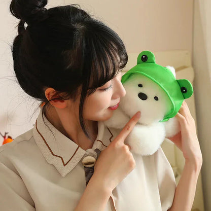Cute White Maltese Plush Toy with Fun Frog Hat