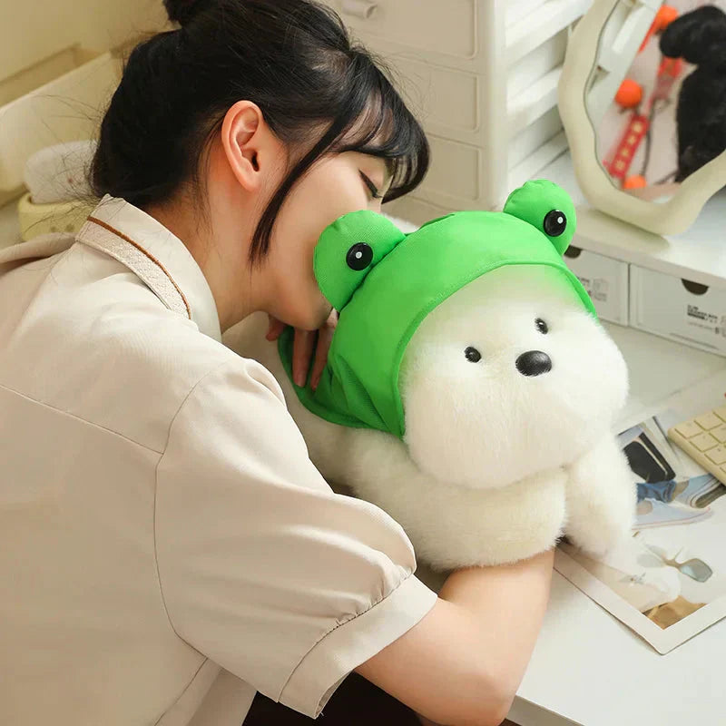 Cute White Maltese Plush Toy with Fun Frog Hat