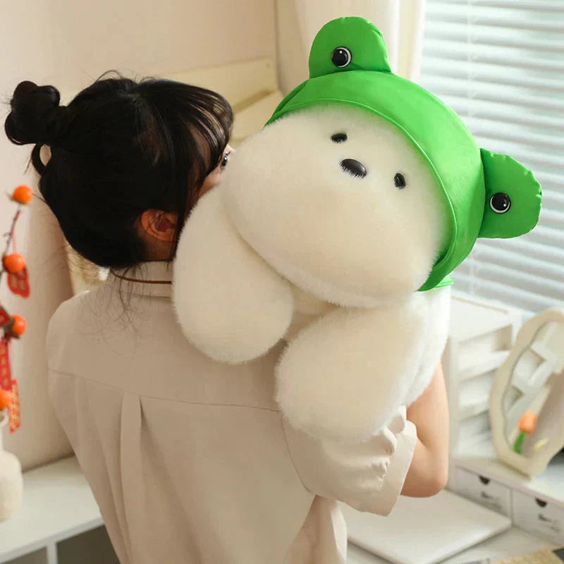 Cute White Maltese Plush Toy with Fun Frog Hat