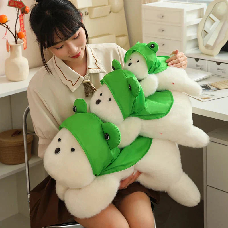 Cute White Maltese Plush Toy with Fun Frog Hat