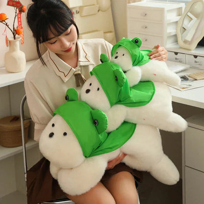 Cute White Maltese Plush Toy with Fun Frog Hat