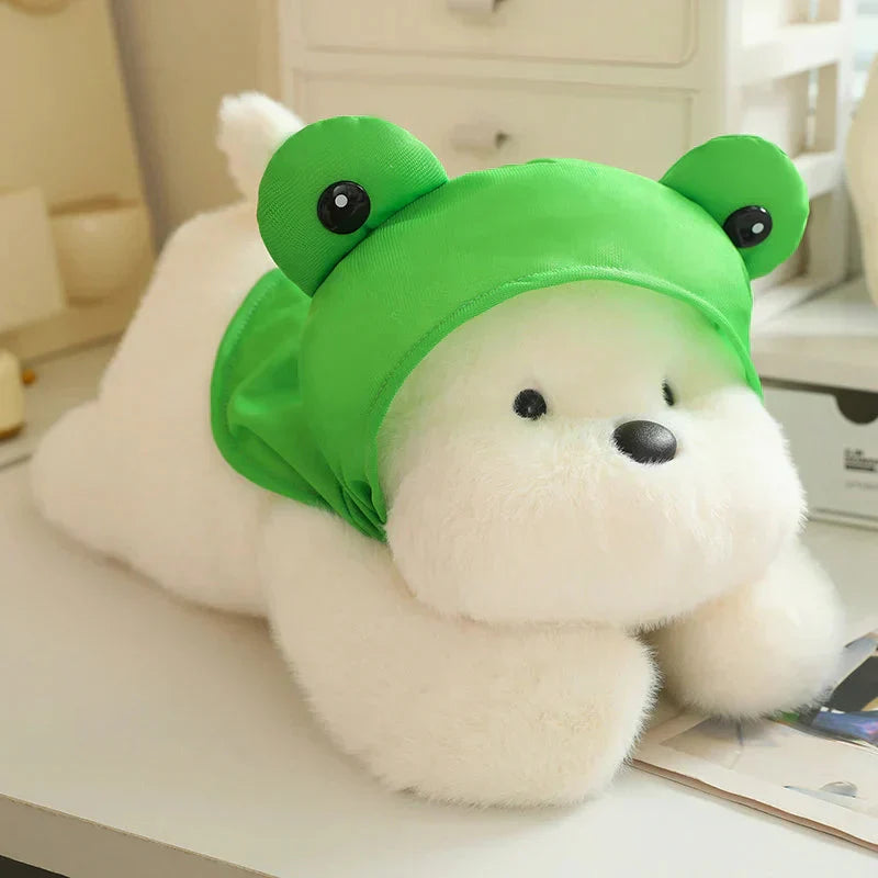 Cute White Maltese Plush Toy with Fun Frog Hat