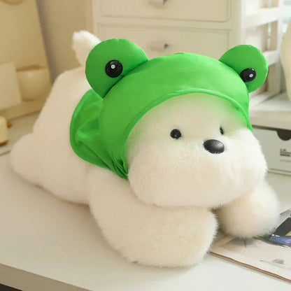 Cute White Maltese Plush Toy with Fun Frog Hat