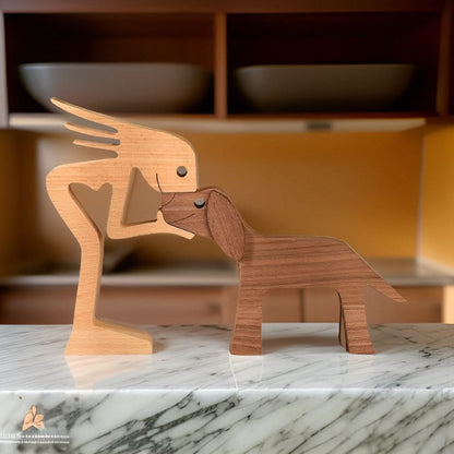 Unique Wooden Dog and Owner Figurine