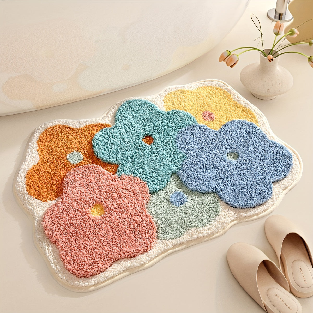 Plush Bathroom Rug Floral Design Extra Soft Non Slip Mat