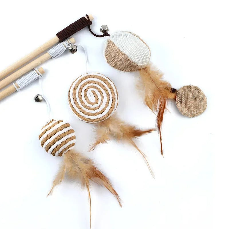 Fun Feather Teaser Cat Toy with Wood Grip