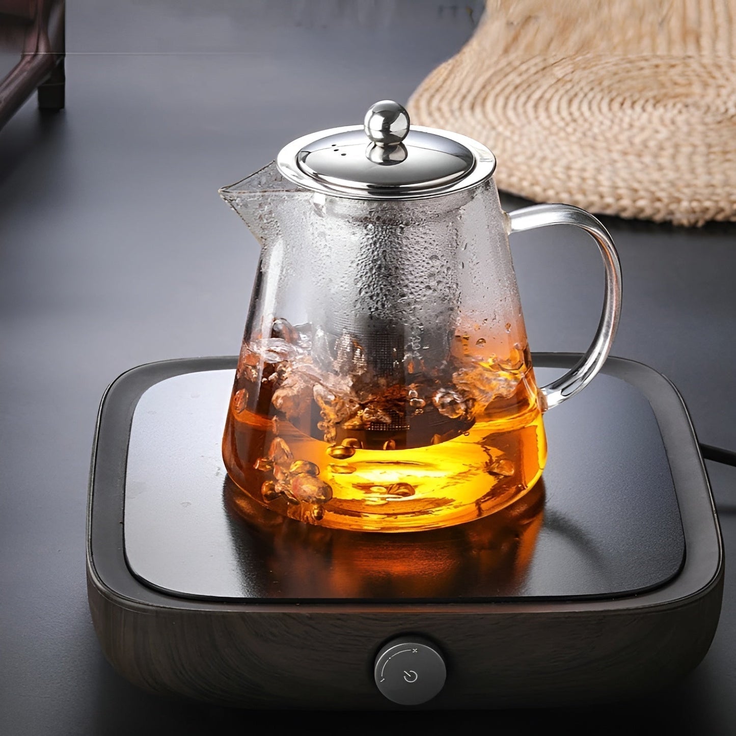 Premium Glass Teapot with Steel Infuser and Wood Lid