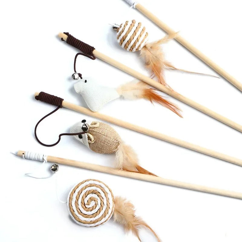 Fun Feather Teaser Cat Toy with Wood Grip
