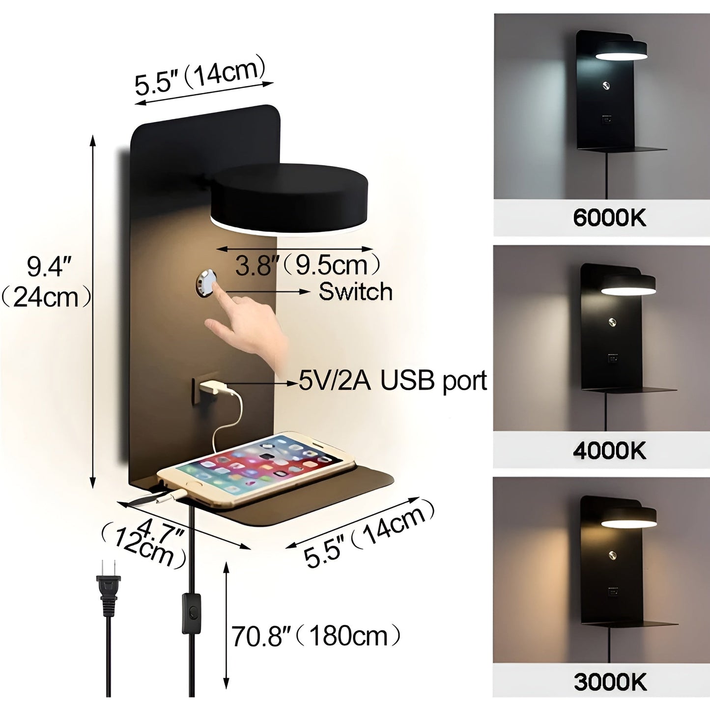 Sleek LED Wall Light with USB Charger