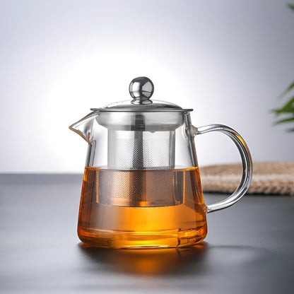 Premium Glass Teapot with Steel Infuser and Wood Lid