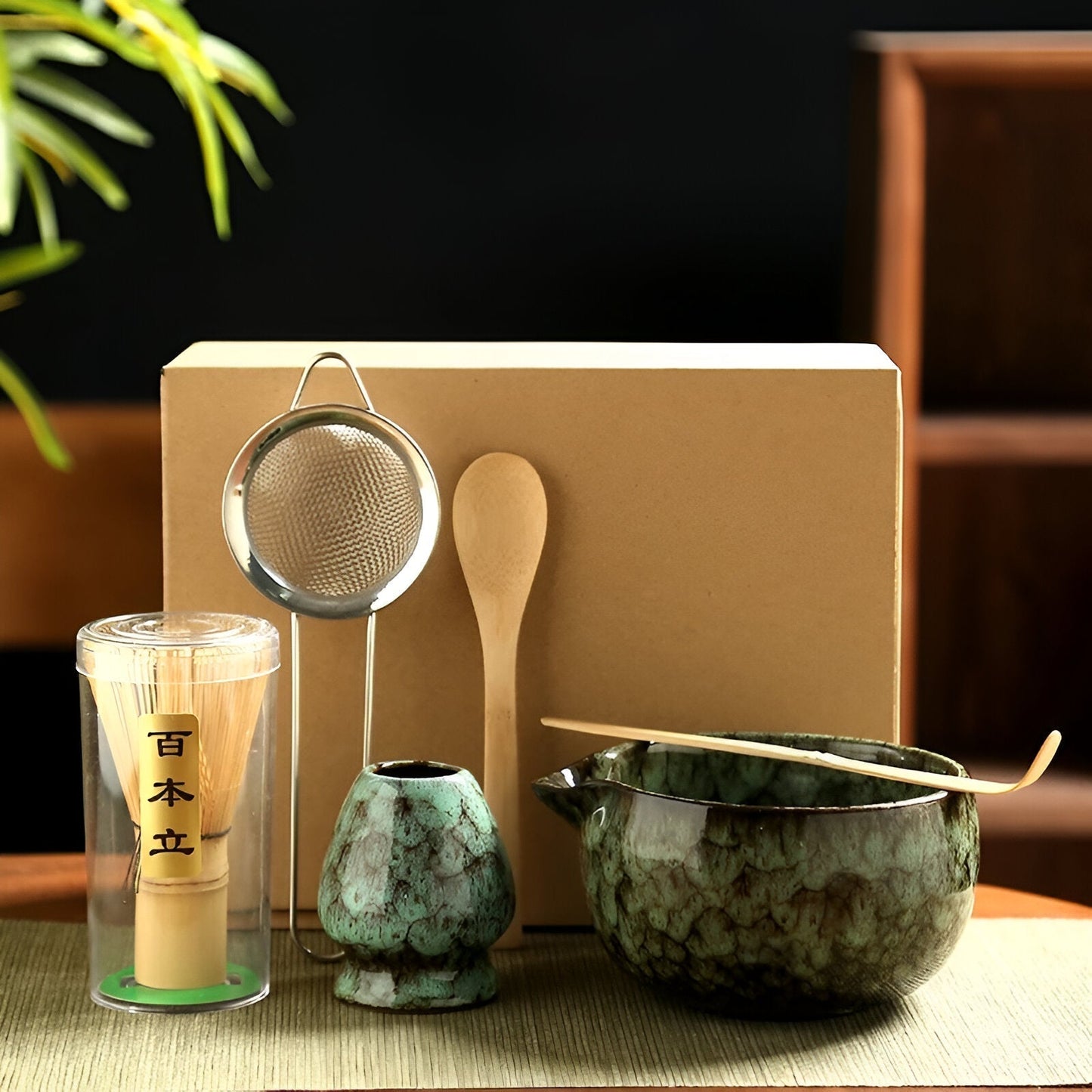 Classic Japanese Matcha Tea Set with Bamboo and Ceramic