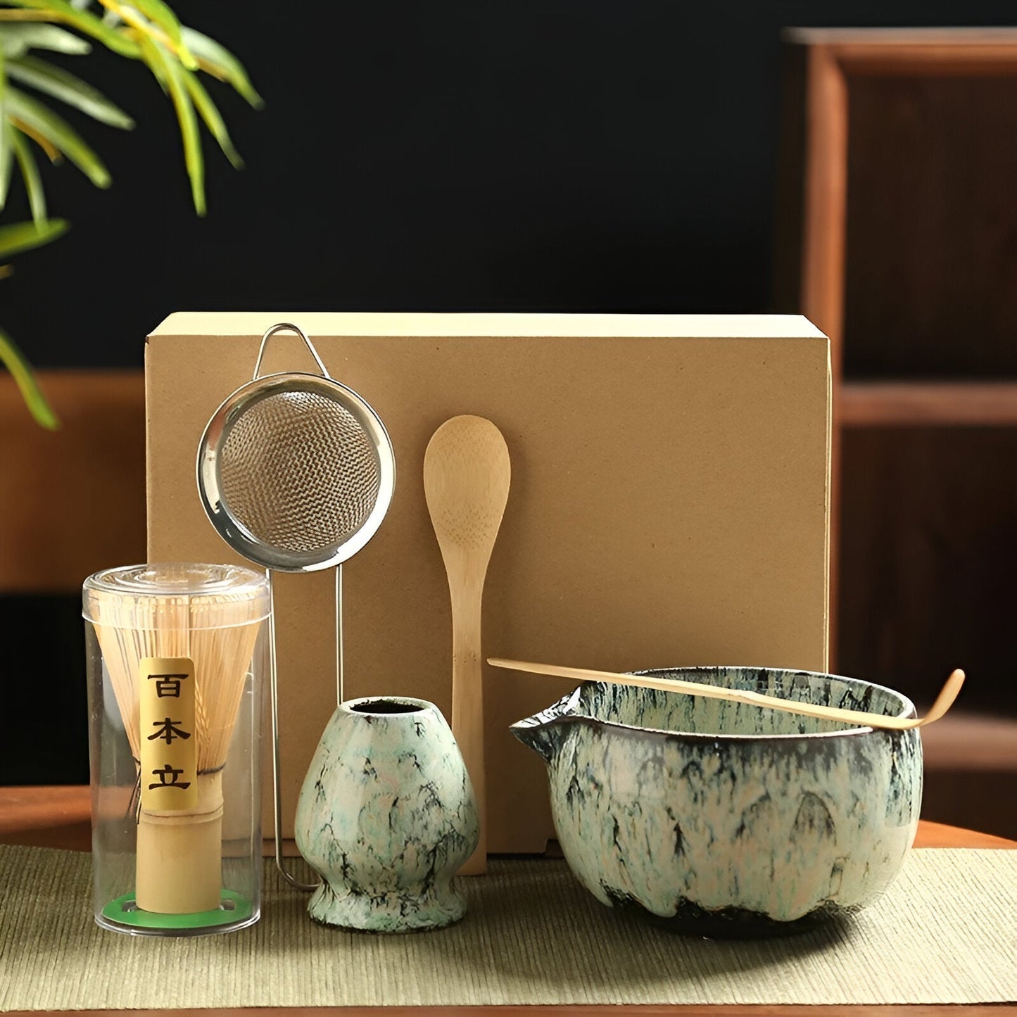 Classic Japanese Matcha Tea Set with Bamboo and Ceramic