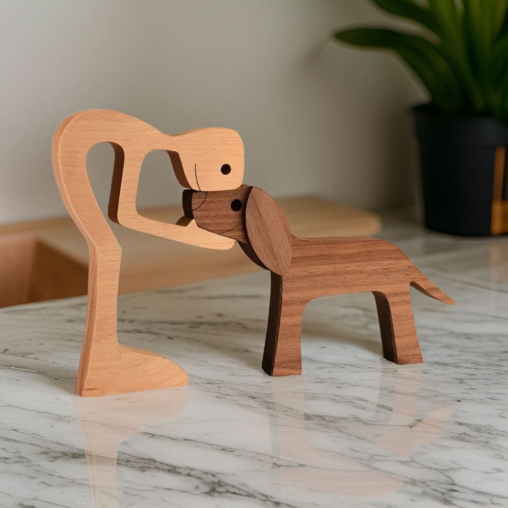 Unique Wooden Dog and Owner Figurine