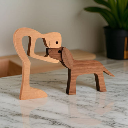 Unique Wooden Dog and Owner Figurine
