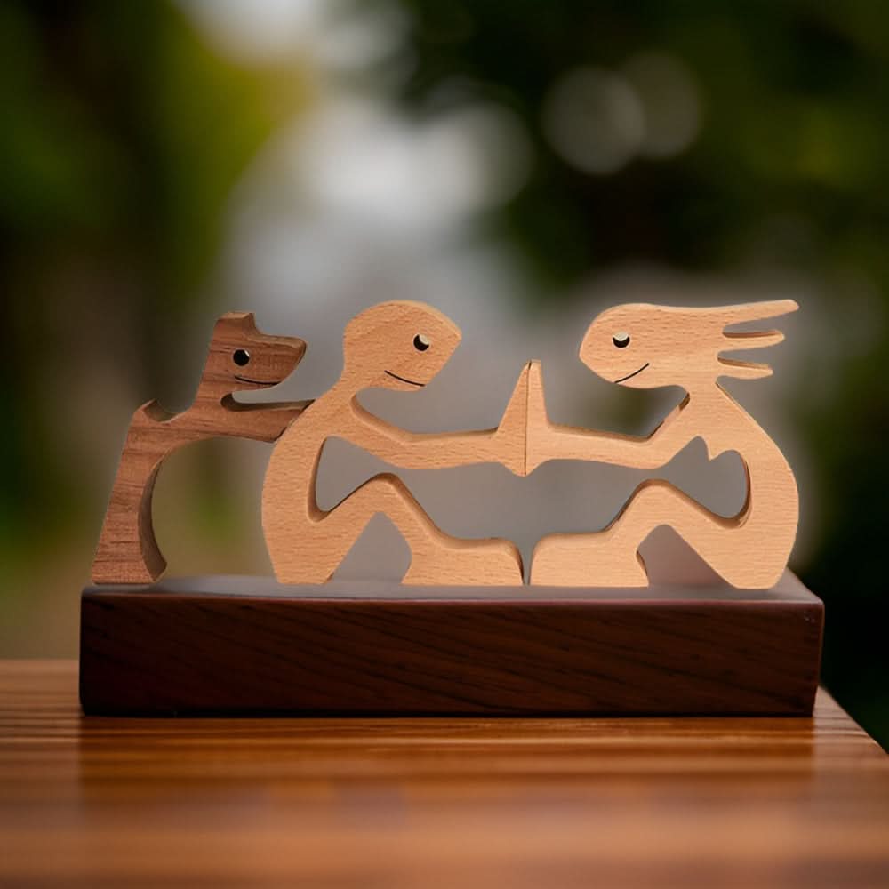 Unique Wooden Dog and Owner Figurine