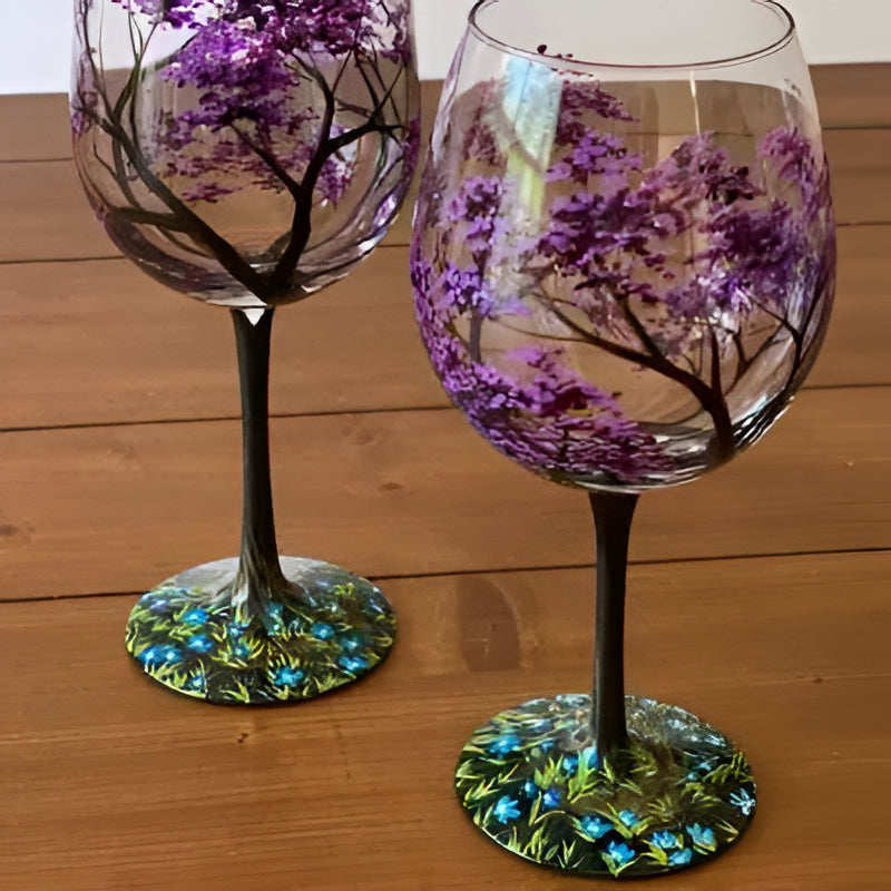 Colorful Tree Wine Glasses - Handcrafted Art Glass