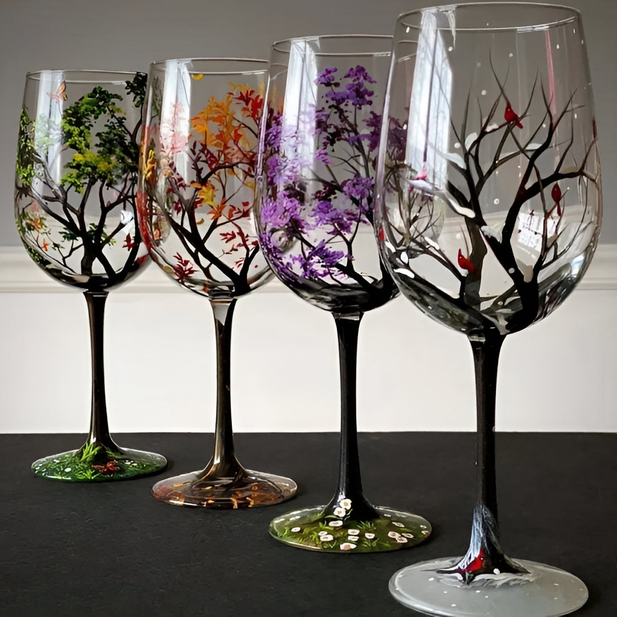 Colorful Tree Wine Glasses - Handcrafted Art Glass