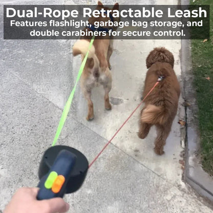 Adjustable Double Dog Leash with LED Light & Poop Bag Clip