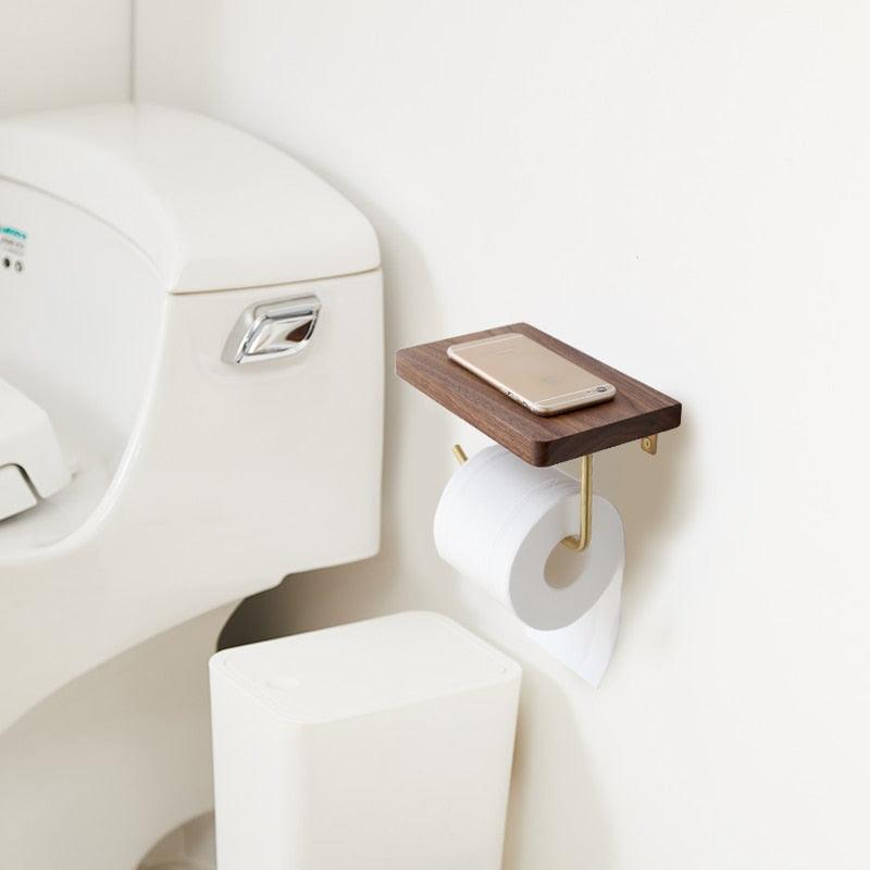 Wooden Bathroom Toilet Paper Holder with Extra Storage