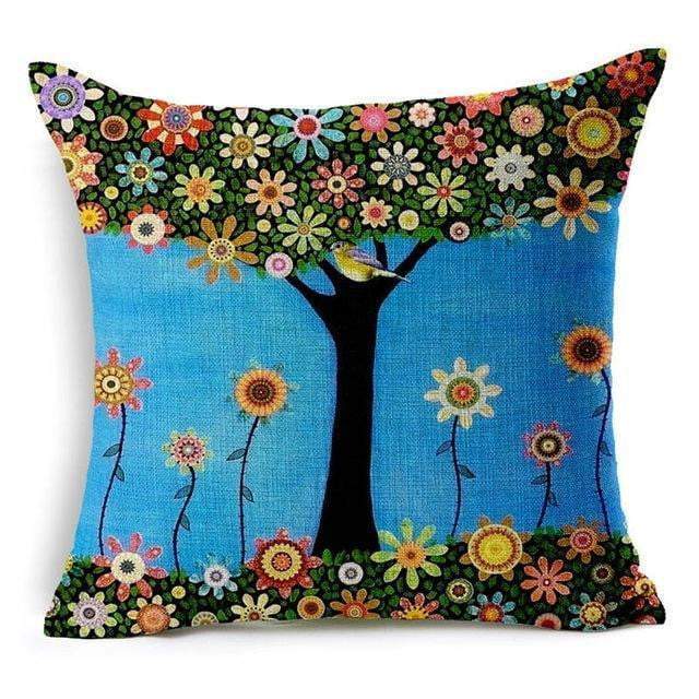 Colorful Bird Tree Life Cushion Pillow Cover