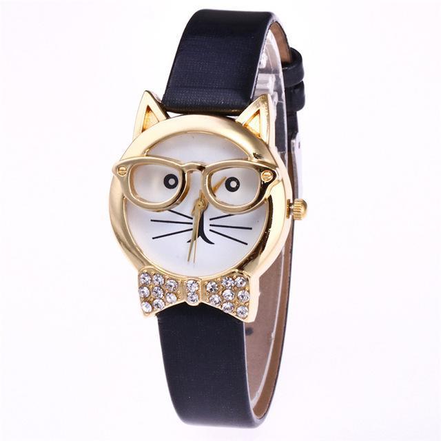 Trendy Cat Eye Watch with Leather Strap and Stones - Befez