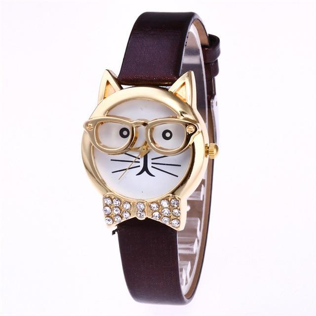 Trendy Cat Eye Watch with Leather Strap and Stones