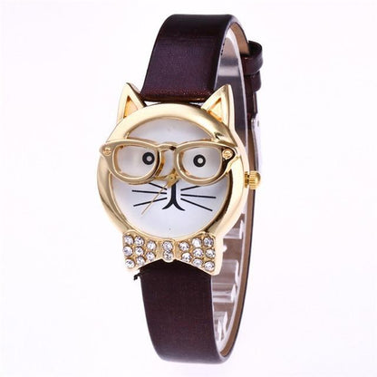Trendy Cat Eye Watch with Leather Strap and Stones