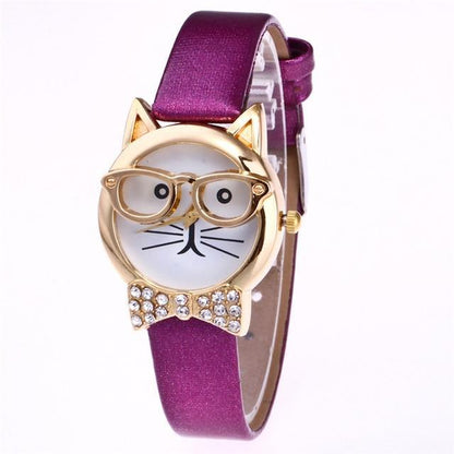 Trendy Cat Eye Watch with Leather Strap and Stones
