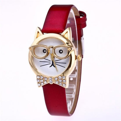 Trendy Cat Eye Watch with Leather Strap and Stones