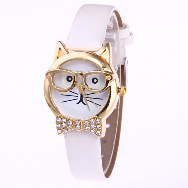 Trendy Cat Eye Watch with Leather Strap and Stones