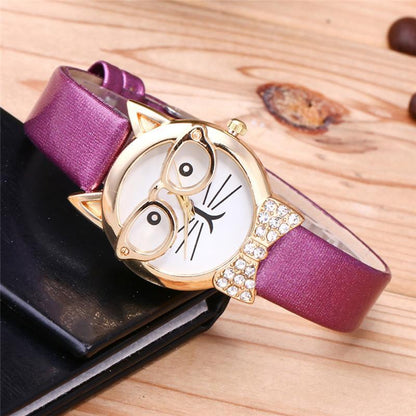 Trendy Cat Eye Watch with Leather Strap and Stones
