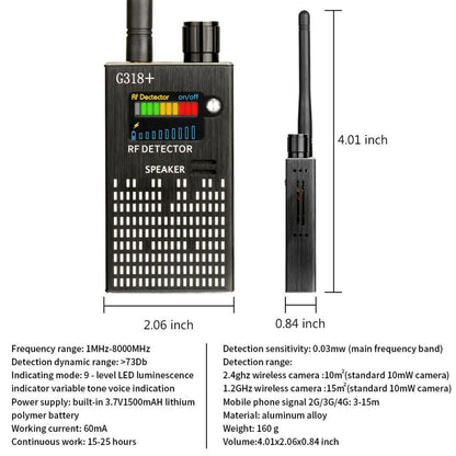 Spy Camera Detector with RF Signal Alert and Laser Scan