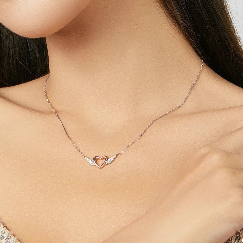 Sterling Silver Angel Wing Heart Pendant Necklace - Befez