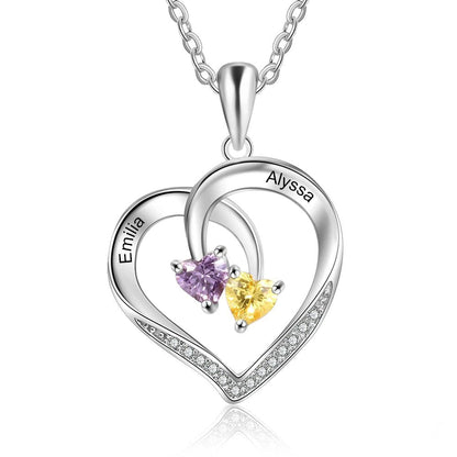 Customizable Heart Necklace with Two Names and Birthstone