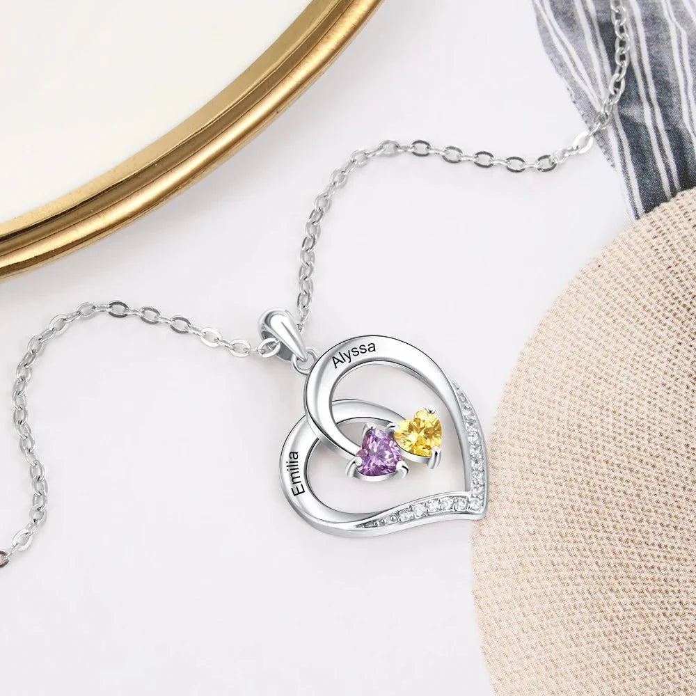Customizable Heart Necklace with Two Names and Birthstone