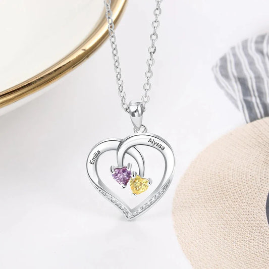 Customizable Heart Necklace with Two Names and Birthstone - Befez