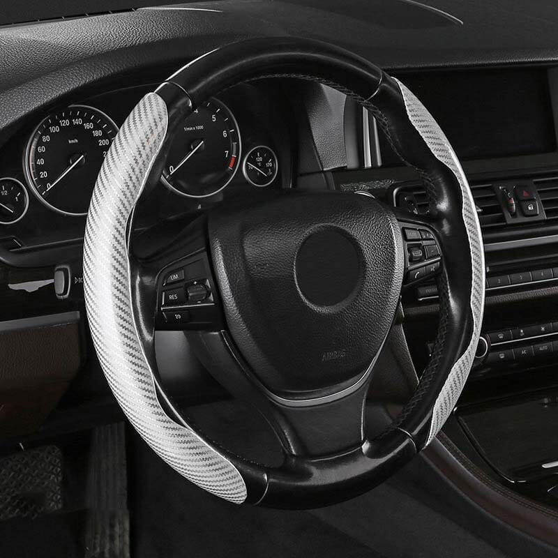 Premium Leather Steering Wheel Cover with Carbon Design