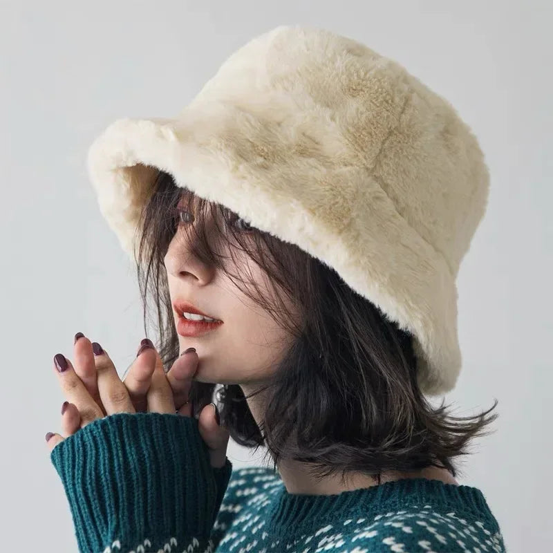 Warm Faux Fur Winter Bucket Hat for Women