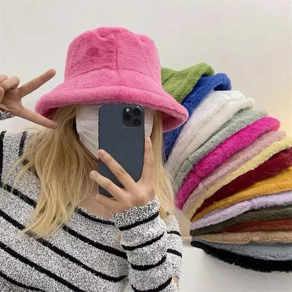 Warm Faux Fur Winter Bucket Hat for Women