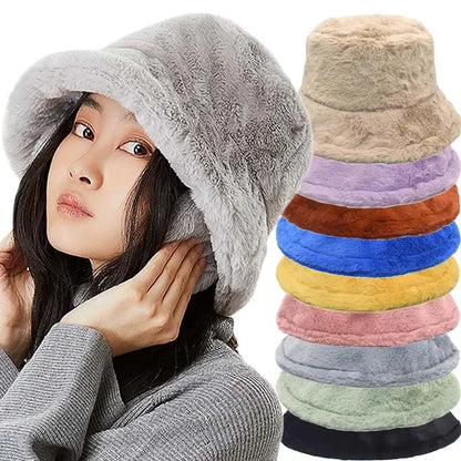 Warm Faux Fur Winter Bucket Hat for Women